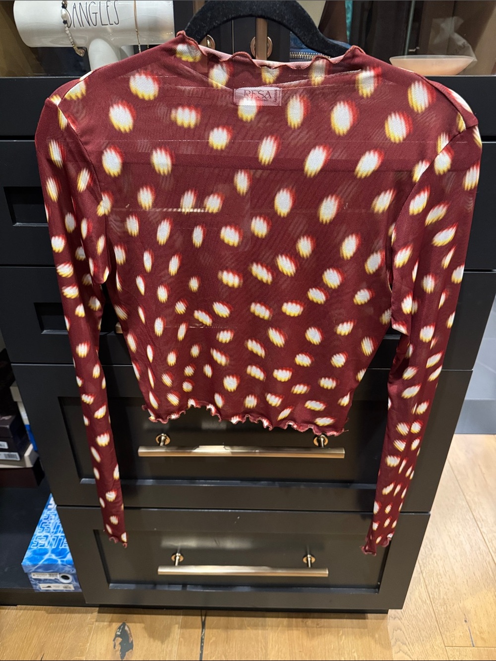 RESA Burgundy Long-Sleeve Crop Top with Yellow-White Spot Print